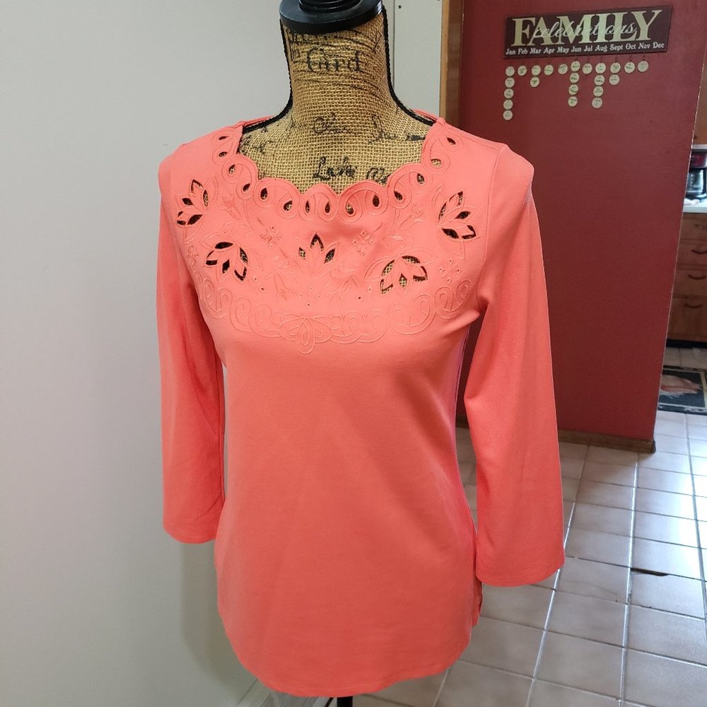 Rafaella Small Petite Coral Peach Blouse Top Cut Out Bodice Like New